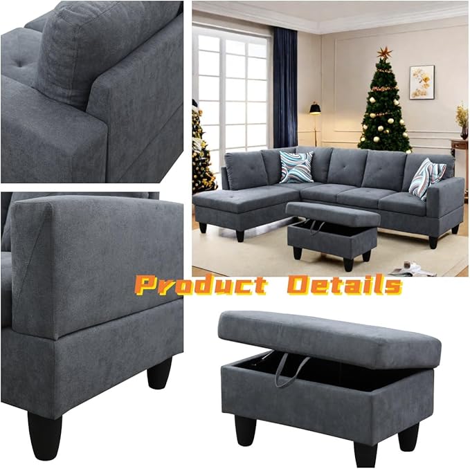 L Shaped Sectional Couch with Otttoman, Apartments, Dark Grey - Image 3
