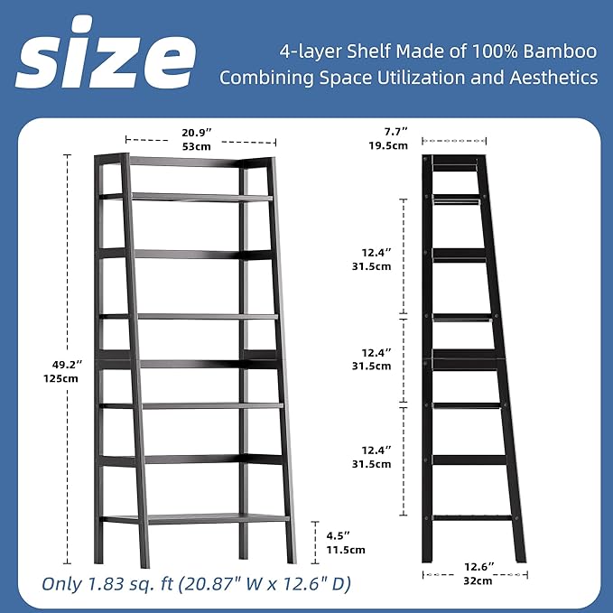 HITNET Black Bookshelf, 4-Tier Ladder Shelf, Freestanding Leaning Bookcase - Image 3