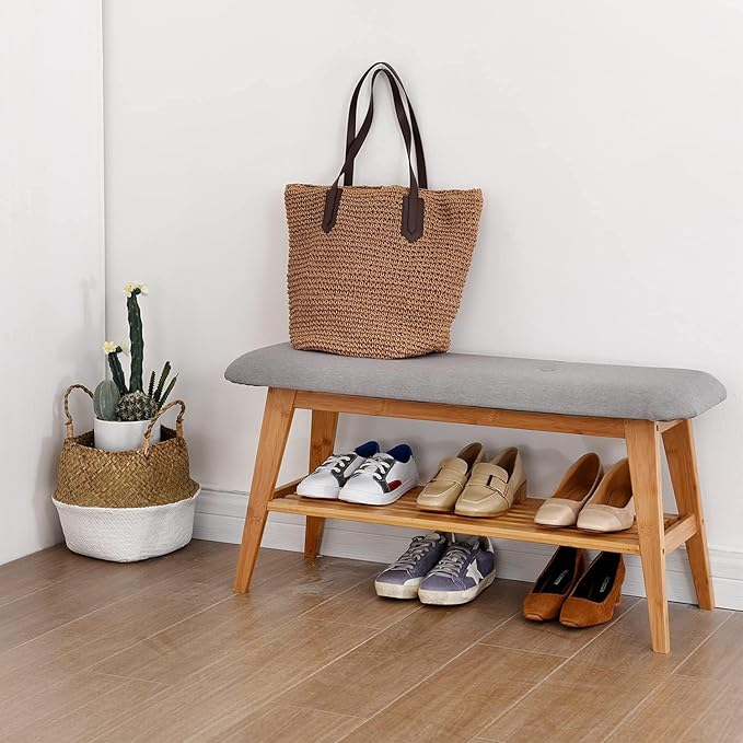 Bamboo Shoe Bench, Entryway Bench, 2 Tier Shoe Rack Bench - Image 2