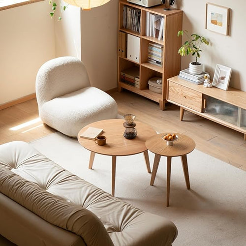 100% Solid Oak Wood Coffee Table Set, Round Coffee Table Combo Side Table by Vadisun