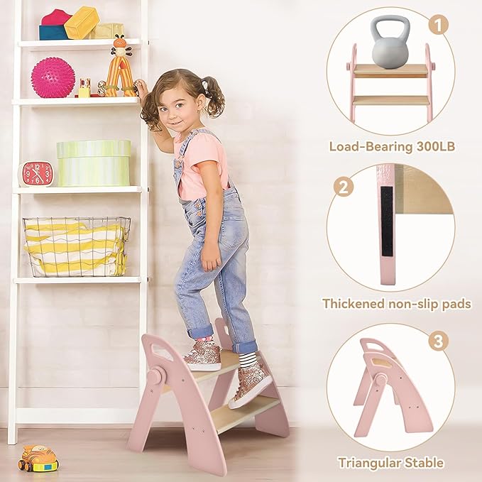 Wooden 2 Step Stool for Kids Bathroom Sink Foldable Anti-Slip 2-Step for Toilet - Image 3