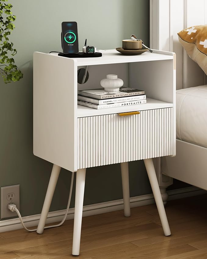 White Nightstand with Outlet, Modern Bedside Table with Storage Drawer and Open by JOONEE