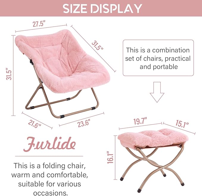 Dorm Chair with Ottoman, X-Large Soft Saucer Chair, Oversized Folding Faux Fur - Image 3