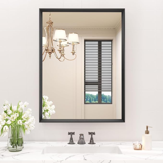Rectangle Bathroom Mirror 28x36 Inch, Matte Black Framed, 4MM Tempered Glass - Image 2
