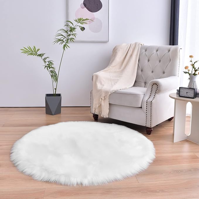 duduta White Faux Sheepskin Round Rug 4x4 ft, Fluffy Shag Fur Bedroom Nursery by Duduta