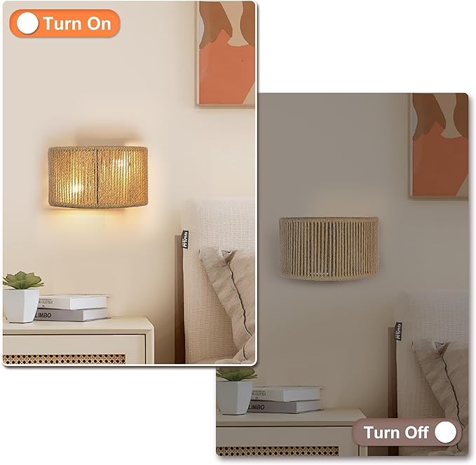 Rattan Wall Sconce Boho Wall Light Fixture Hand Woven Wall Mounted Lamp - Image 4