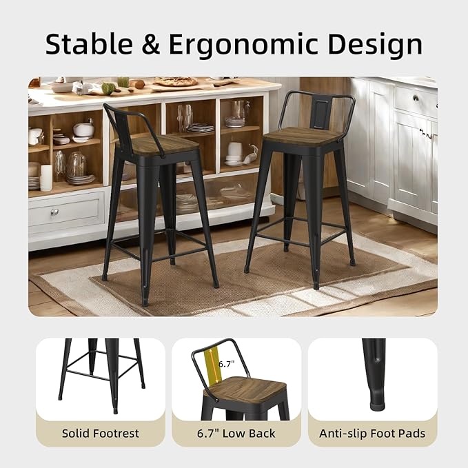 Black Bar Stools Set of 4, Metal Bar Stools - Image 3