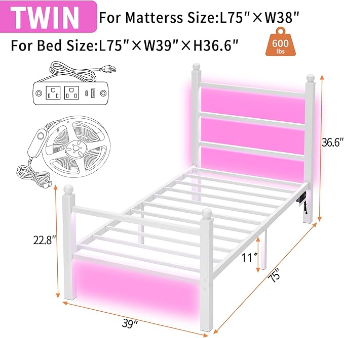 Twin Bed Frame with Headboard and Footboard, Steel Slats Support-LED Bed Frame - Image 2