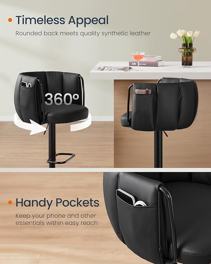 SONGMICS Home 360° Swivel Bar Stools Set of 2, Height Adjustable Barstools - Image 4