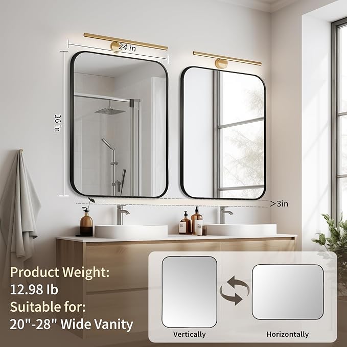 Black Bathroom Mirror, 24x36 Inch Aluminum Frame Rectangle Mirror, Tempered - Image 7