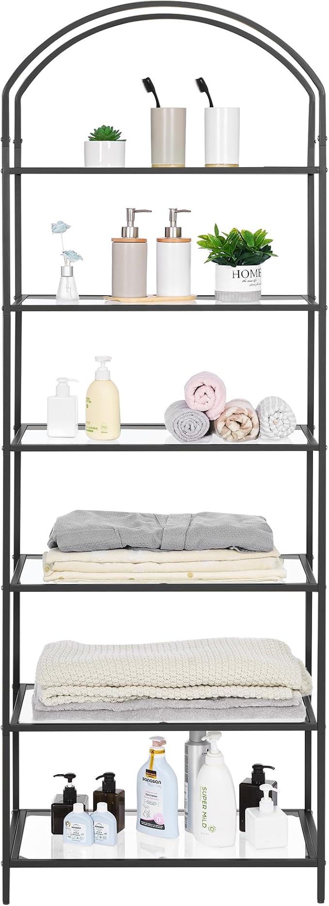 Homhedy Bookshelf Arched Display Racks, Metal Bookcase, Tempered Glass Shelves - Image 9