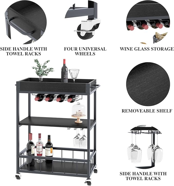 Bar Cart Serving Wine 3 Tier Home Rolling Rack - Image 9