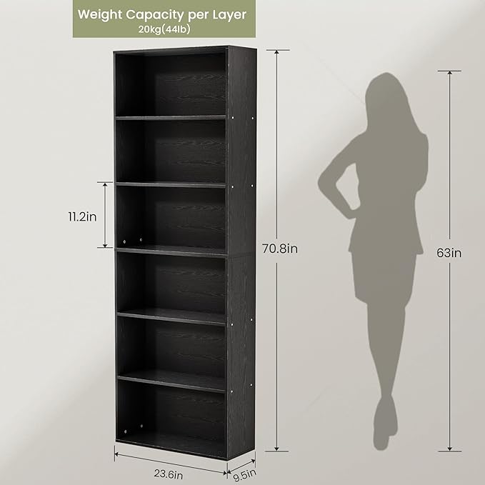 71" Tall Bookcase, 6-Tier Open Display Storage Shelves, Floor Standing Large - Image 2