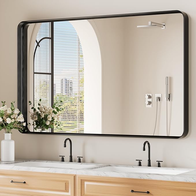 Koonmi Black Wall Mirror for Bathroom, 30x48 Inch Matte Deep Framed Rounded by KOONMI