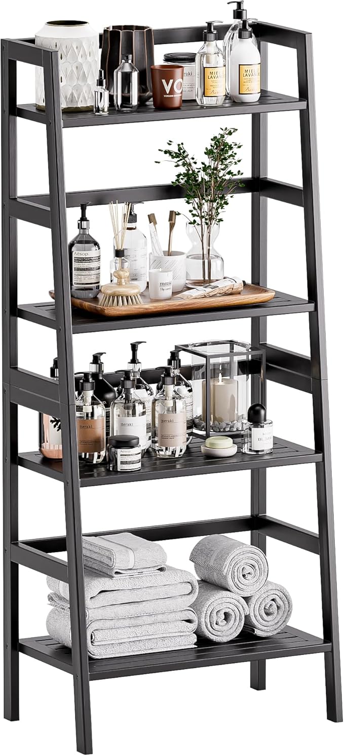 HITNET Black Bookshelf, 4-Tier Ladder Shelf, Freestanding Leaning Bookcase by HITNET