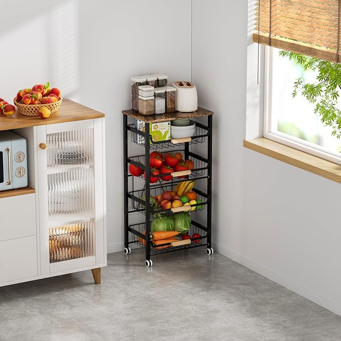 Black 5-Tier Fruit & Veggie Storage Cart on Wheels - Image 5