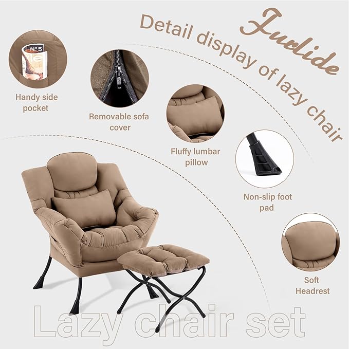 Lazy Chair with Ottoman, Modern Lounge Armchair with Lumbar Pillow, Accent Cozy - Image 4