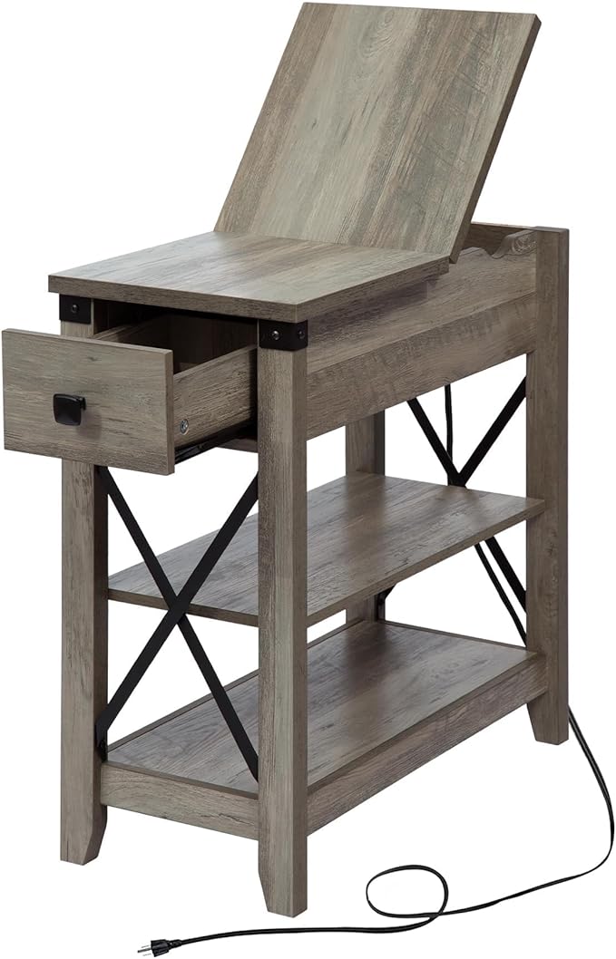 Narrow End Table with Charging Station Farmhouse Slim Side Table with USB Ports by Awescuti