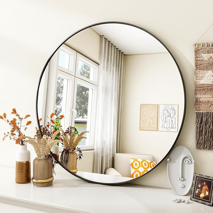 Black Round Bathroom Mirror, 30 inch Circle Wall Mounted Hanging Mirror - Image 2