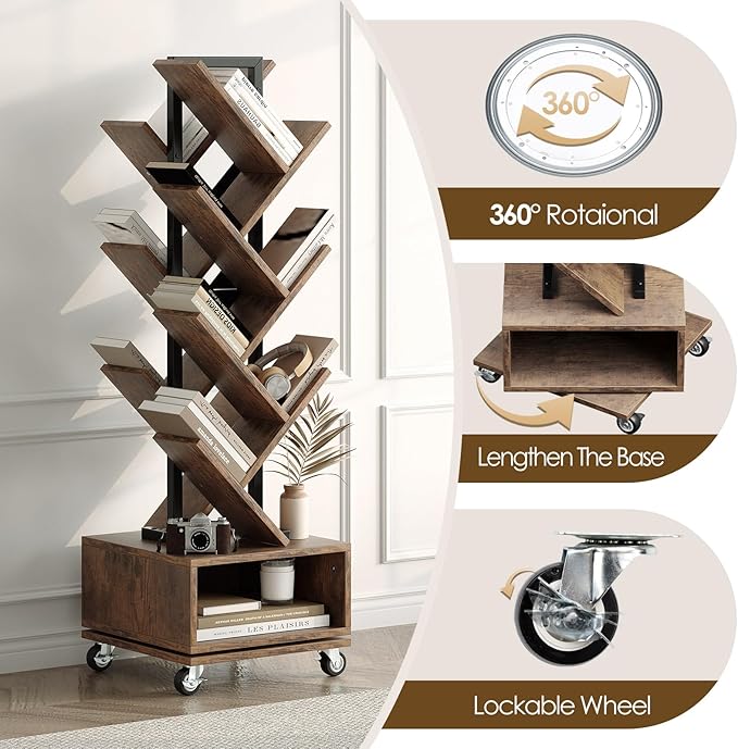 49" Rotating Tree Bookshelf, 7 Tier Double Sided Shelf, Wood Corner Bookshelf - Image 4
