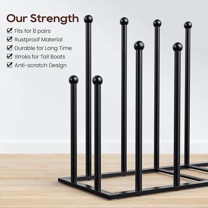 ORLESS Boot Rack Metal Black 8 Pairs Free-Standing Shoe Rack Boot Organizer - Image 2