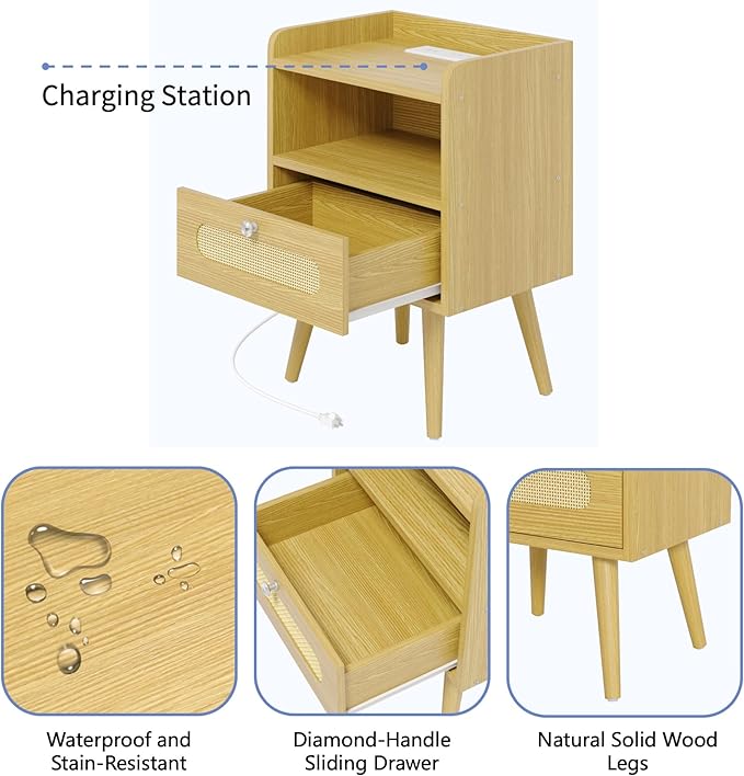 End Table Set of 2 with Charging Station, Diamond Décor Nightstands Set of 2 - Image 5