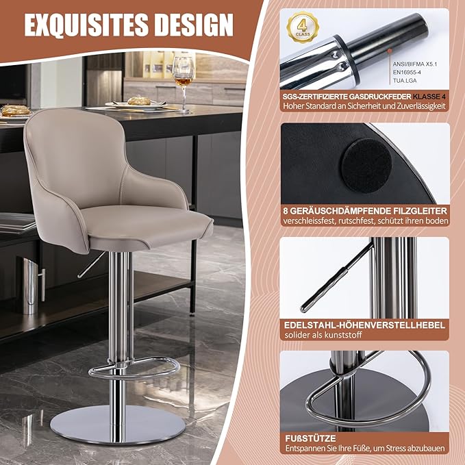 Black Titanium Stainless Steel Bar Stools, Grade Modern Leather Bar Chair - Image 5