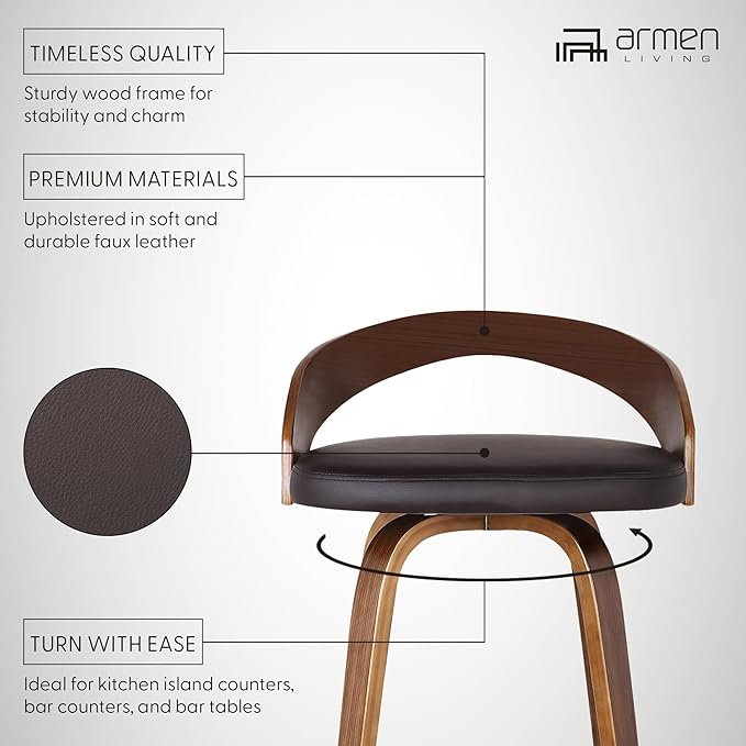 Armen Living Sonia 26" Seat Height Mid Century Modern Swivel Bar Stool - Image 3