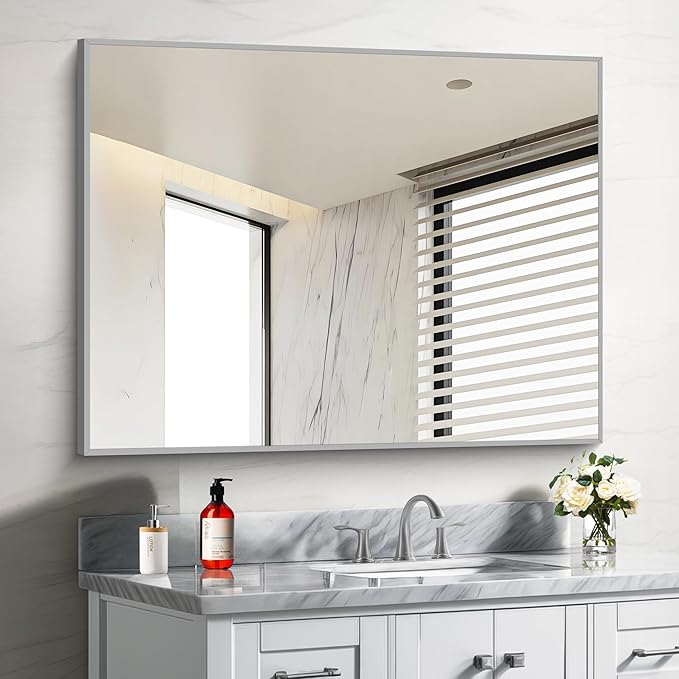 Silver Bathroom Mirror, Bathroom Rectangular Mirror Modern Wall Mirror by Welcometocofeny