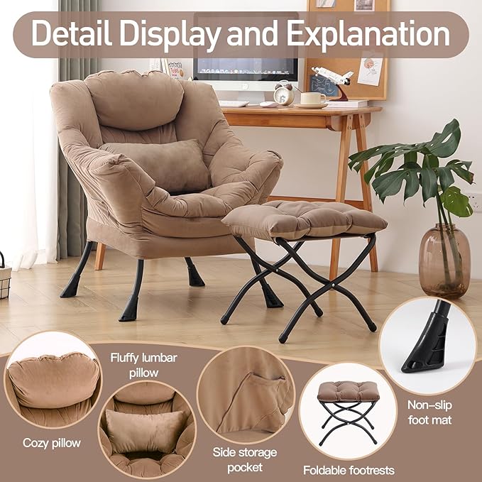 Lazy Chair with Ottoman, Modern Accent Chair with Lumbar Pillow, Comfy Chairs - Image 6