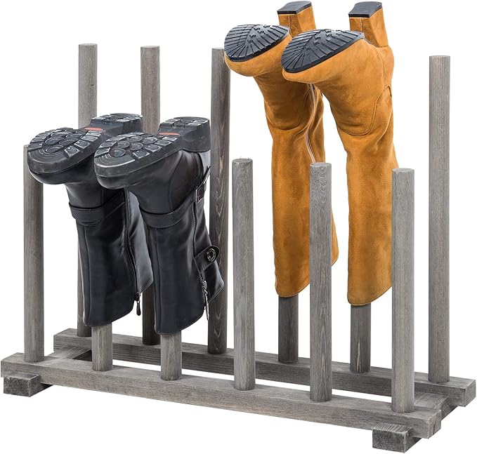 MyGift Vintage Weathered Gray Solid Wood Floor Standing Boot Holder Rack - Image 6