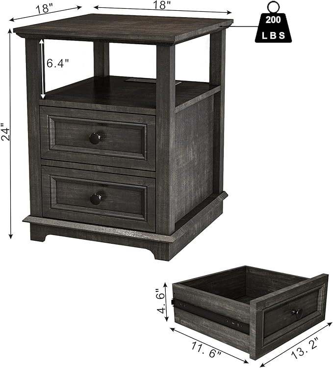 End Table with Fast Charging Station Set of 2, Large Storage Rustic Wood Square - Image 2