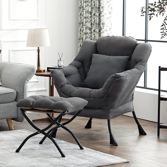 Large Lazy Chair with Ottoman, Accent Reading Chair with a Throw Pillow - Image 2