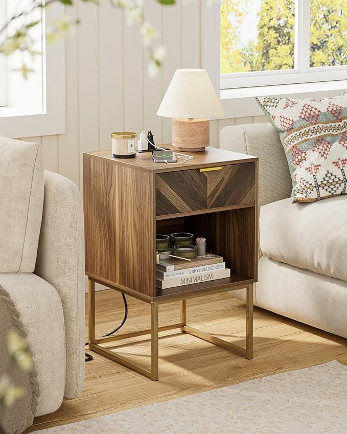Nightstand with Charging Station, Modern Night Stand Boho Farmhouse Wood - Image 5