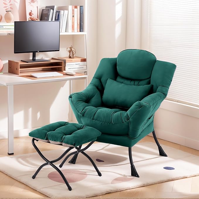 Lazy Chair with Ottoman, Comfy Fabric Accent Lounge Arm Chair with Lumbar - Image 6