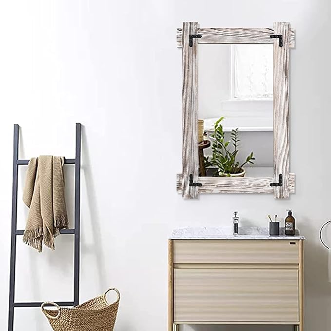 MeMoreCool Farmhouse Rustic Wood Framed Bathroom Mirror, Decorative Wall - Image 8