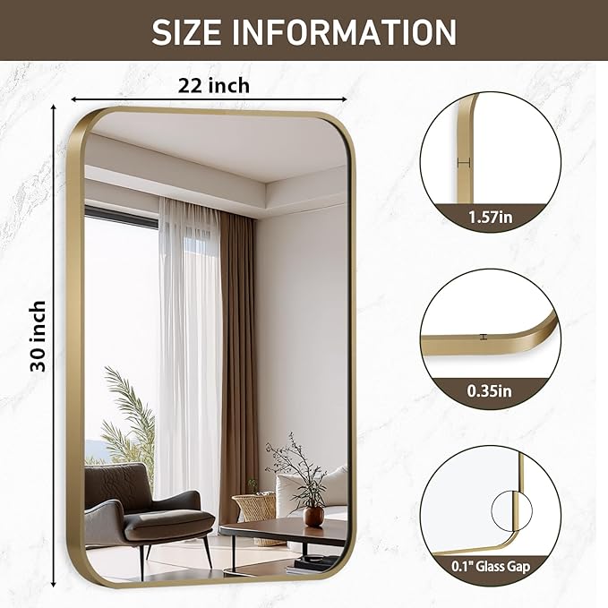 Gold Mirror, 22x30 Inch Gold Rectangle Mirror, Aluminum Alloy Framed Vanity - Image 3