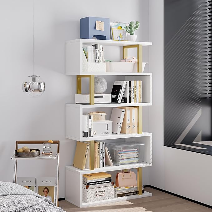 SORCEDAS Bookshelf Geometric Bookcase S Shaped Industrial Bookshelf Storage - Image 5