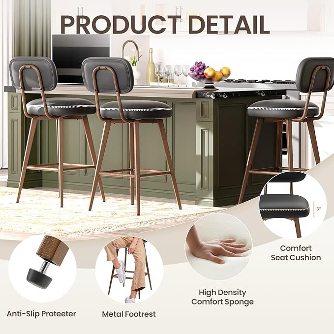PU Leather Swivel Bar Stools Set of 2, Mid Century Counter Height Bar Chairs - Image 4