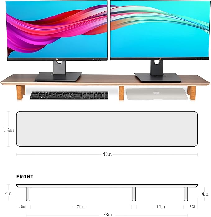 Aothia Large Dual Monitor Stand Riser, Solid Wood Desk Shelf - Image 4