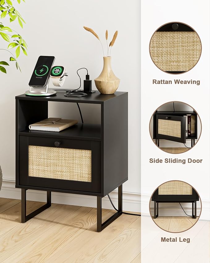 Rattan Nightstand with Charging Station, Boho Night Stand Farmhouse Wood - Image 4