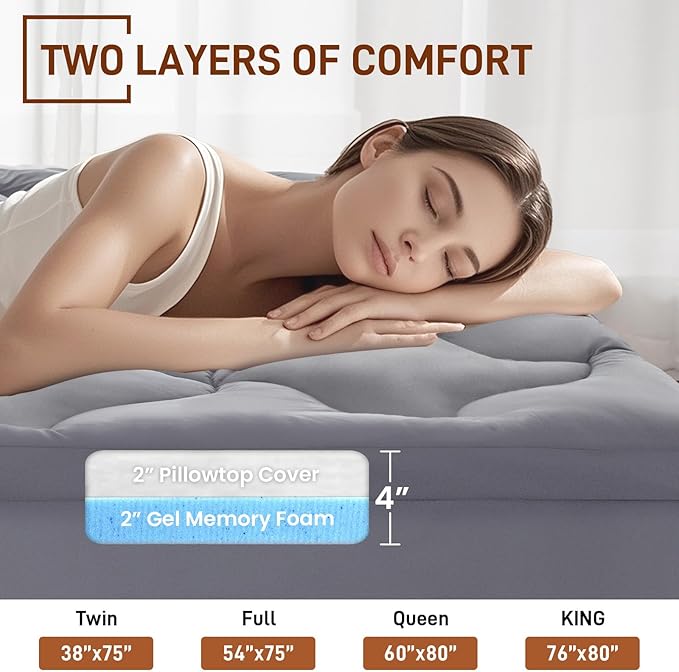 4 Inch Pillow Top Memory Foam Mattress Topper Queen, Dual Layer 2 Inch Gel - Image 2