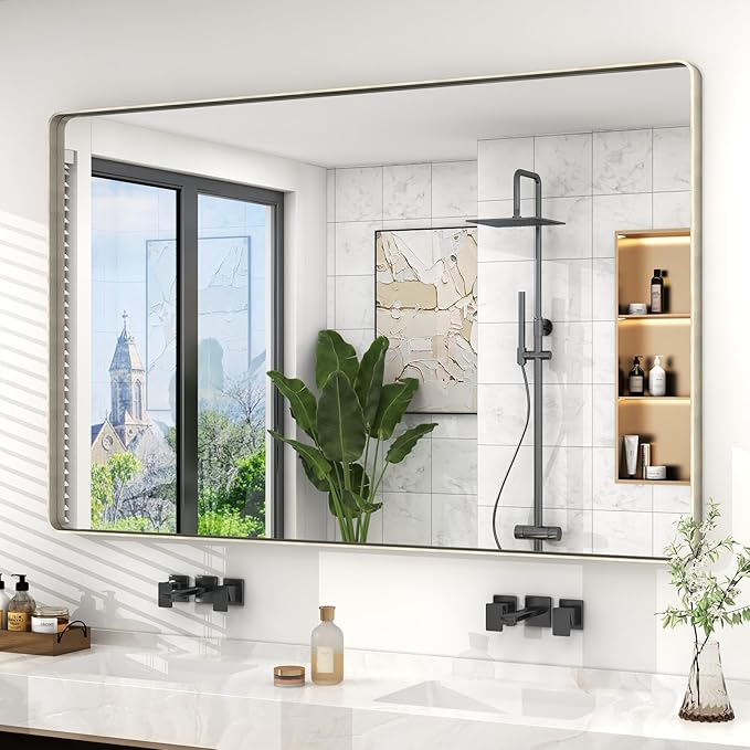 55x36 Inch Brushed Nickel Bathroom Mirror, Large Brushed Silver Metal Framed by VANLIOBathroomMirror