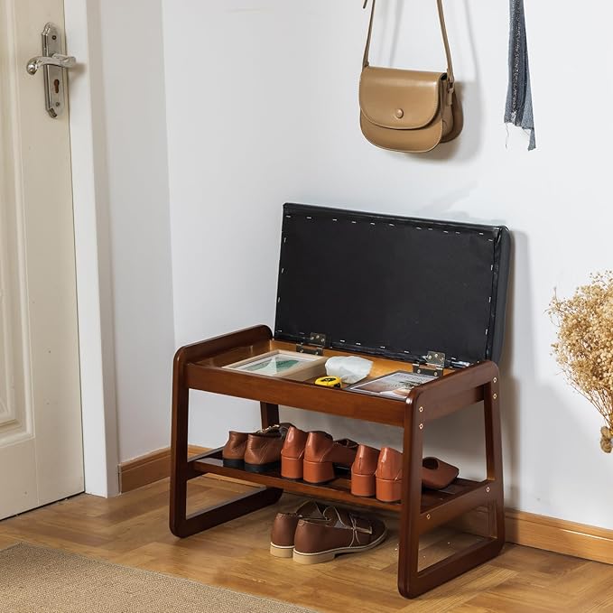 Solid Wood Shoe Bench, 2-Tier Entryway Bench by SOBIBO
