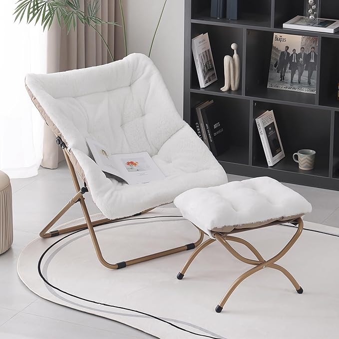 Saucer Chair with Ottoman, Comfy Bedroom & Living Room Chairs, Foldable Metal - Image 7