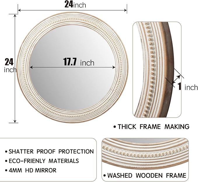 24 Inches Wood Round Mirrors for Wall Decor, Rustic Decorative Circle Mirror - Image 5