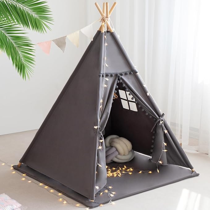 Teepee Tent for Kids with Mat, Star Lights, Carry Case, Cotton Canvas Playhouse by RONGFA