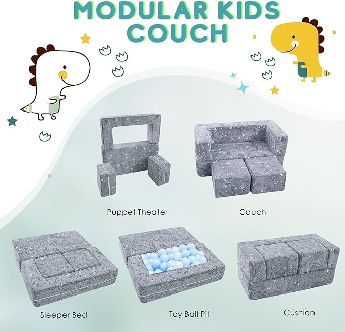 MeMoreCool Glow-in-The-Dark Dinosaur Modular Kids Play Couch — Convertible Foam - Image 3