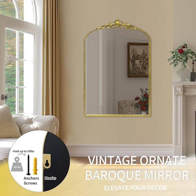 G-LEAF Vintage Baroque Mirror 24"X36", Arched Mantel Victorian Antique - Image 6