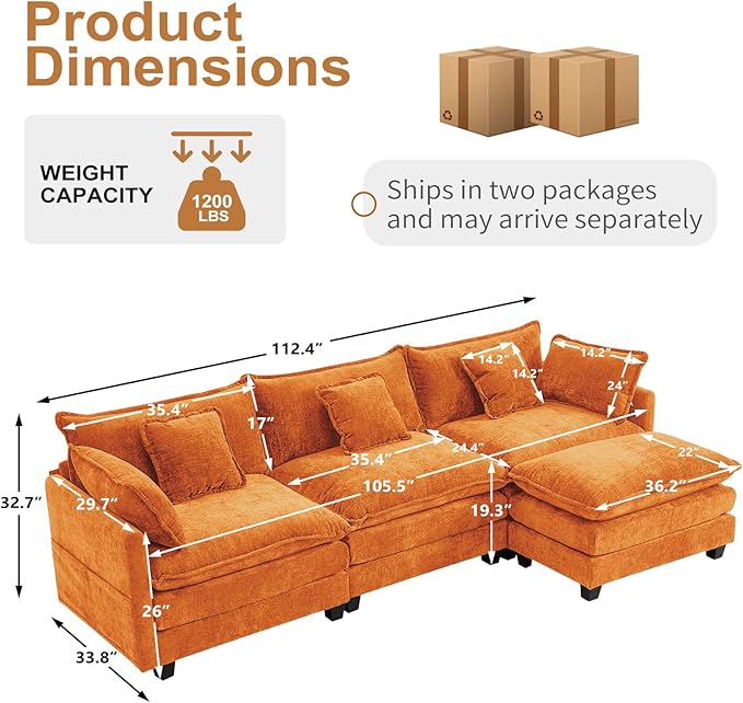 Furniliving 112‘’ L-Shaped Sofa, Luxury Chenille Modular Sectional Couches - Image 2